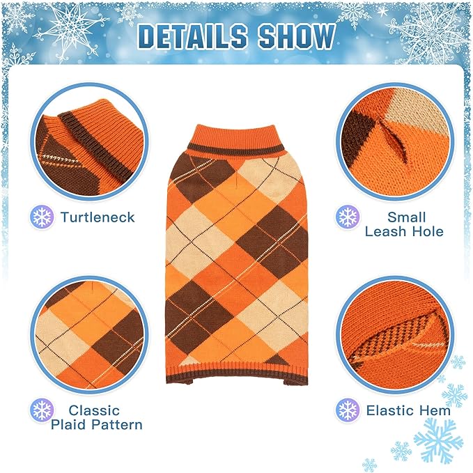 KOOLTAIL Dog Sweater Pet Knitted Clothes - Classic Plaid Pullover Turtleneck Fall Thanksgiving Dog Sweaters with Leash Hole, Thick Cold Weather Dog Outfits for Small Medium Large Dogs Cats Puppy SM