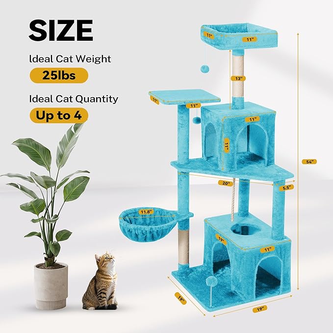 Cat Tree 54-Inch Cat Tower with Padded Plush Perch 2 Comfy Caves, Scratching Posts, Basket, 2 Pompoms, Multi-Level Plush Cat Condo for Indoor Cats Kittens, Blue