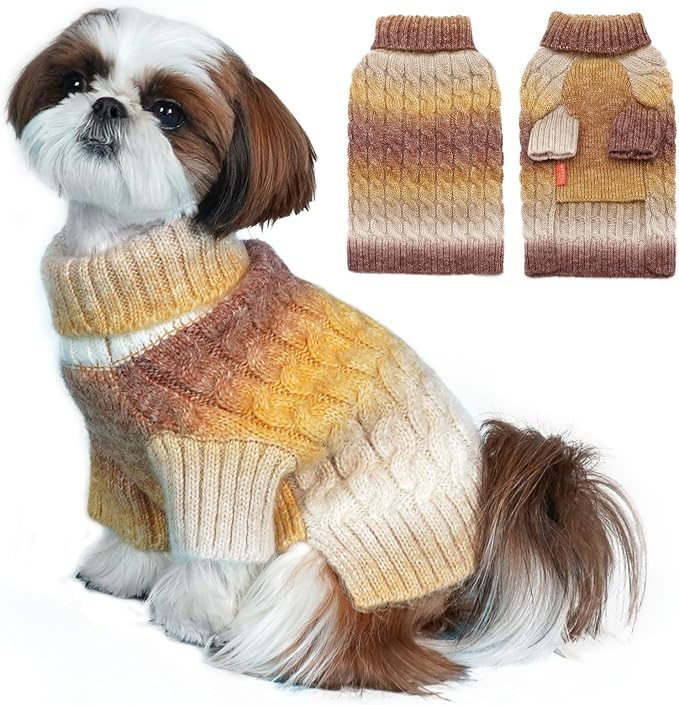 KYEESE Dog Sweater Cable Knit Thick Dog Knitwear Turtleneck Warm with Sleeves Dogs Sweater for Medium Dogs Gradient Color, Brown, XXLarge