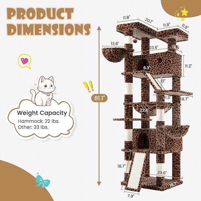 SHA CERLIN 81in Multi-Level Tall Cat Tree Tower for Indoor Kitties/Larger Cat Condo Furniture with Hammock/Cozy Pussycat Perches/Sisal Scratching Posts/Pet House/Wide Base/Leopard Print