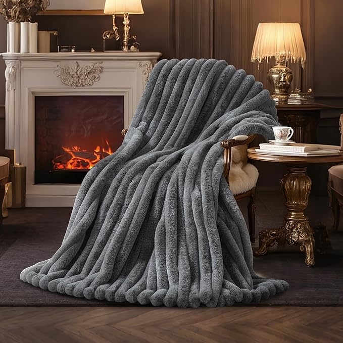 Amélie Home Faux Fur Throw Blanket for Couch, Ultra Cozy Fuzzy Fluffy Fur Luxurious Soft Striped Plush Gift Blankets for Family Sofa Chair Bedroom, 55"x70", Cationic Wolf Gray