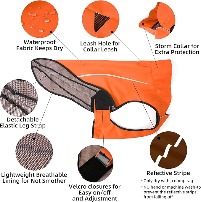 Mile High Life Dog Raincoat, Adjustable Waterproof Reflective Rain Jacket for Small Medium Large Dogs, Lightweight Breathable Pet Rain Coat with Leash Hole(Orange,XXS Chest 16-19")