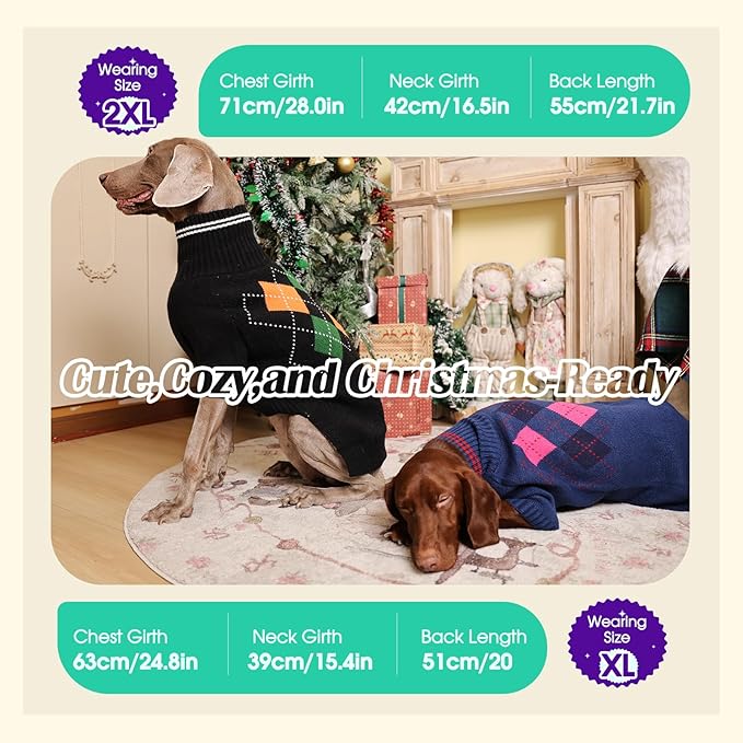 Boy Dog Sweater, Dog Sweaters for Large Dogs Boy, Winter Warm Pullover, Turtleneck Knit Dog Christmas Sweater with Sleeves, Soft Stretchy Knitwear for Cold Weather, Holidays - Black L