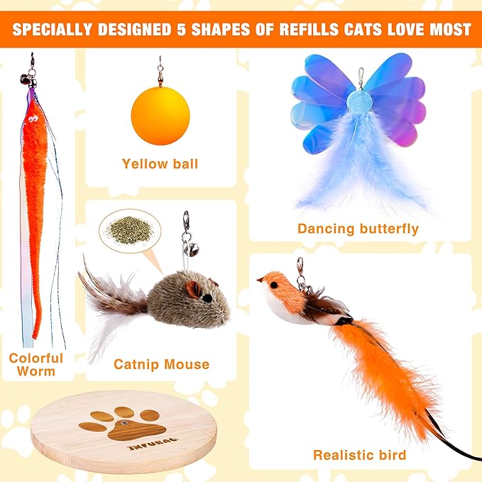 JXFUKAL Interactive cat Toy, Automatic Cat Wand Toy with Stable Wooden Base, 2 PCS Detachable Cat Teaser, 5PCS Refills Replacement & Hanging Cat Toy, Kitty Kitten Toys Cat Feather Spring String Toy