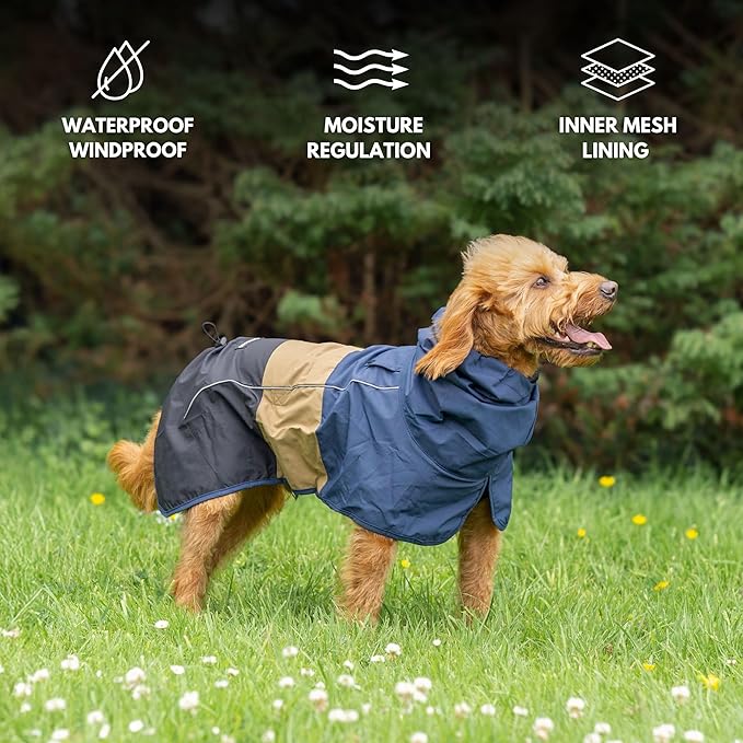 Spark Paws Dog Raincoat, Waterproof Windproof Rain Jacket, for Small Medium Large Extra Large Dogs, Reflective Breathable Full-Body Coverage Dry Suit - Blue Gold Black - XL