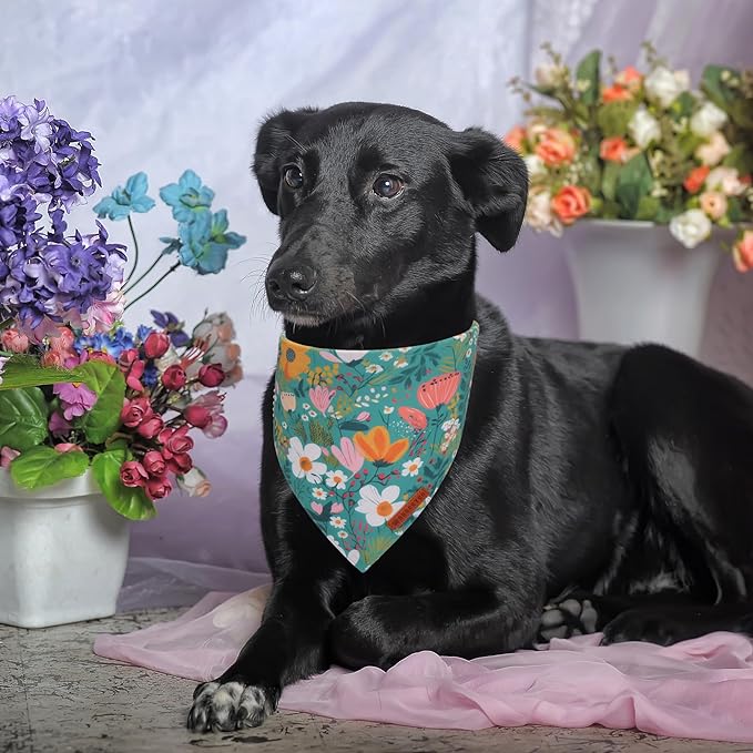 ADOGGYGO Floral Dog Bandana, Orange Green Flower Pet Scarf, Adjustable Fit Floral Bandanas for Extra Large Dogs Pets (X-Large)