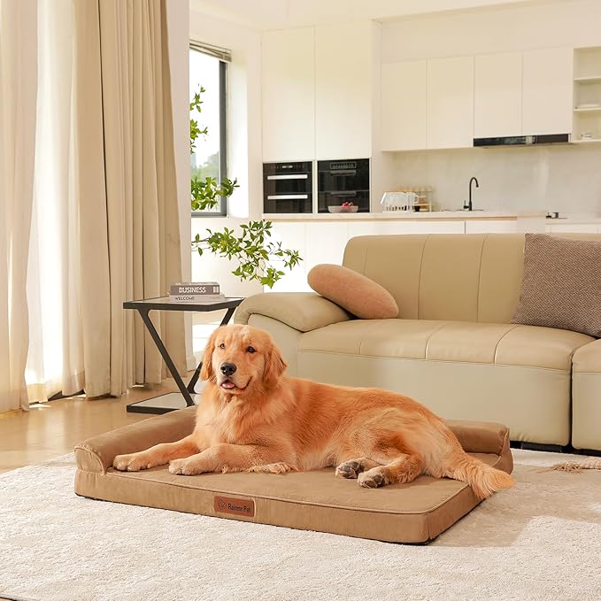 Orthopedic Dog Beds Large Sized Dog, Memory Foam Pet Bed for Medium and Large Dogs, Removable and Washable Microsuede Cover, TPU Waterproof Liner, Nonskid Bottom, 44x32x6 Inches, Khaki