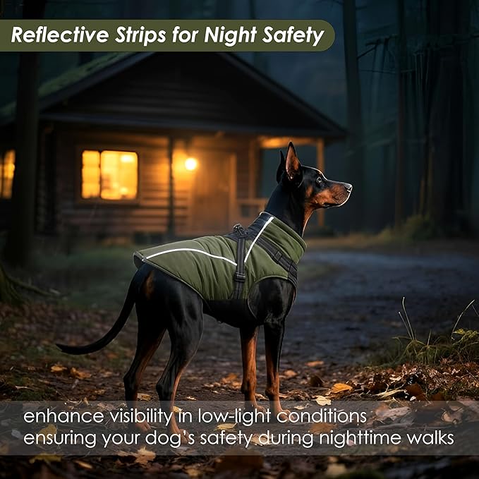 ASENKU Reflective Dog Coat with Built-in Harness, Windproof Fleece-Lined Dog Jacket for Small, Medium, Large Dogs, Warm Winter Vest with Turtleneck & Zipper (Green L)