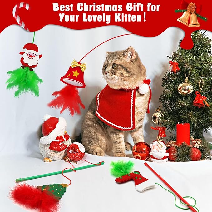 Christmas Cat Toys，4 Pack Cat Wand Toys for Indoor Cats Gifts with Catnip and Feathers, Wand for Cats and Kitten