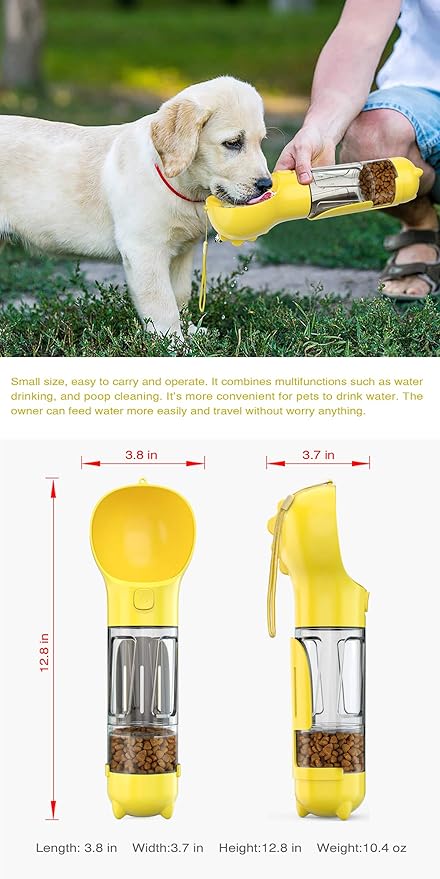 Portable 3 in 1 Dog Bottle,Storage for Pet Water,Food and Poop Waste Bags.Leakproof,with Lanyard and Trash Shovel,Dog Travel and Pet Outdoor Activity Necessities,Yellow(10.15OZ)