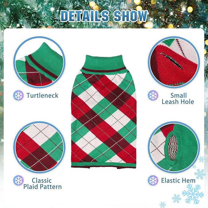 KOOLTAIL Dog Christmas Sweater Pet Knitted Clothes - Classic Plaid Pull Over Turtleneck Christmas Dog with Leash Hole Warm Dogs Winter Clothing for Small Medium Dogs Cats Puppy (Green & Red L)