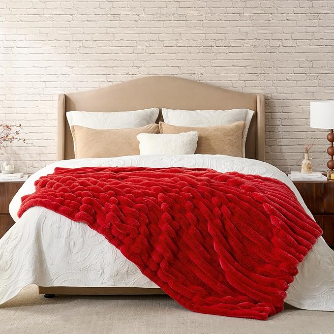 Cozy Bliss Faux Fur Throw Blanket for Couch, Cozy Warm Plush Striped Blanket for Sofa Bedroom Living Room, 60 * 80 Inches Cardinal Red