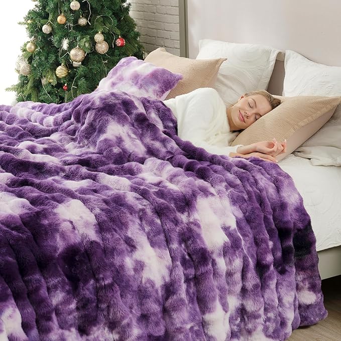 Cozy Bliss Faux Fur Throw Blanket for Couch, Bubble Plush Blanket Queen Size, Fuzzy Soft & Thick Blanket for Bed Sofa Living Room, 90x90 Inches Tie-dye Purple