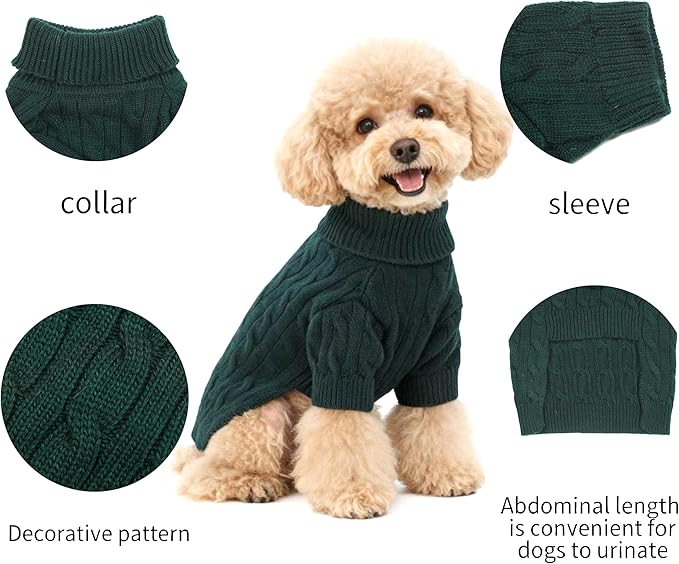 Small/Medium Dog Sweater, Warm Dog Winter Coat w/Sleeves, Comfortable High Neck Premium Dog Clothes for Mini Poodle-Best for Holidays, Daily Walks S Green