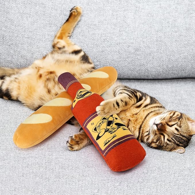 CiyvoLyeen Catnip Toy, Bread Wine Bottle Cat Kicker Toys Baguette Large Interactive Chew Teething for Kitten Indoor Filled Plush Catmint Stuff Gift for Cat Lover 2PCS