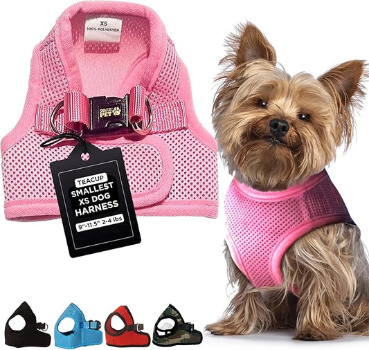 Soft No Pull Step-in Dog Harness Small Dog XXS XS Vest for Teacup, Chihuahua, Yorkie, Pomeranian Dog Vest Harness for Puppy Pink Mesh Comfy(2-4 lbs)