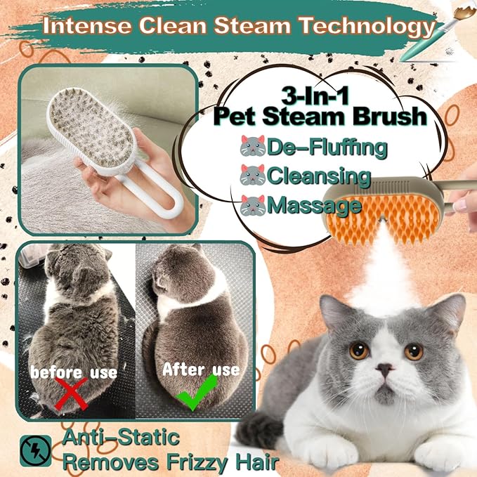 Steam Cat Cordless 3-in-1 Silicone Massaging Grooming Brush With Built-in Lithium Battery, Removes Static and Flying Pet Hair for Cats and Dogs (Beige)