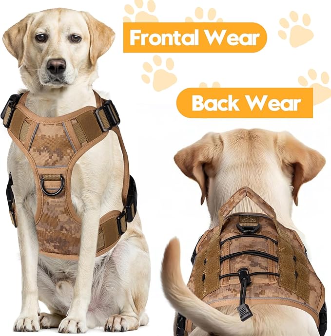Heavy-Duty Tactical Dog Harness for Large Dogs, No Pull Adjustable Reflective Pet Vest with Molle System, K9 Military-Grade Control for Service Training, Outdoor & 10+ Breeds, Khaki Camo, Small