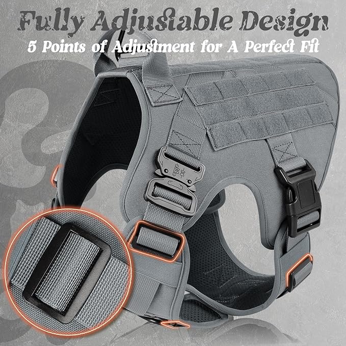 rabbitgoo Tactical Dog Harness for Large, Heavy Duty Pet Harness with Handle, No-Pull Service Vest Large Breed, Adjustable Military Dog Vest for Training Hunting Walking, Grey, XL