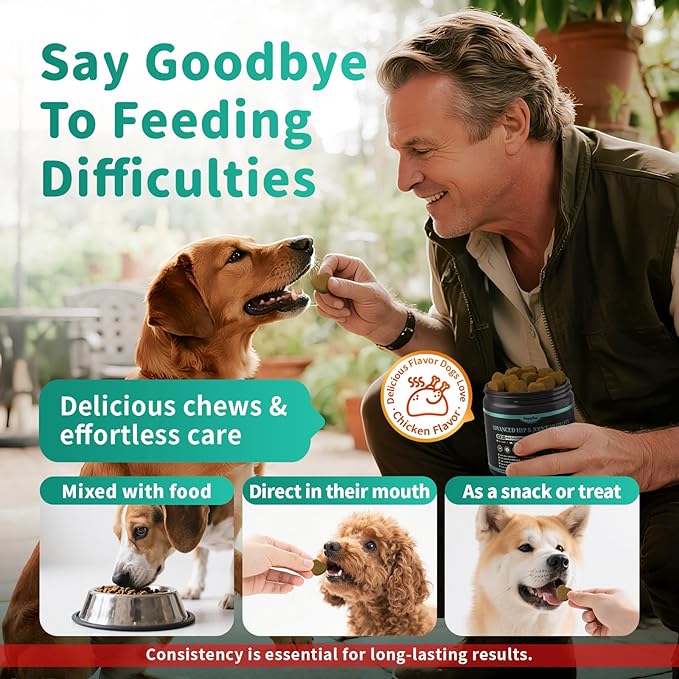 Dog Hip and Joint Supplement, 15-in-1 Advanced Glucosamine for Dogs with Chondroitin, MSM, New Zealand GLM, Pea, Omega 3 - Chicken Flavor - 90 Soft Chews, Fits All Breeds and Sizes