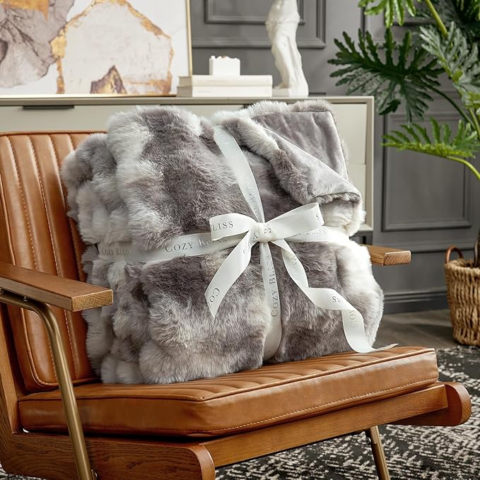 Cozy Bliss Faux Fur Throw Blanket for Couch, Fuzzy Soft Plush Thick Bubble Blanket for Sofa Bedroom Living Room, 60 * 80 Inches Tie-dye Taupe