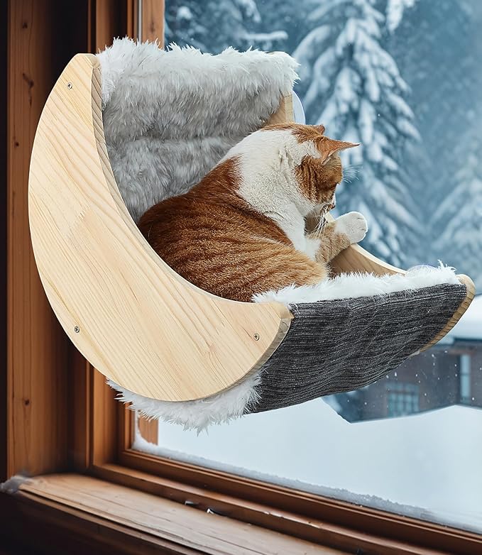 Window Cat Beds with Ultra Plush Hammock, Moon Shelves Mounted with Strong Suction Cups, Cat Window Seat for Overlooking and Sunbathing(Faux Wool Fur)