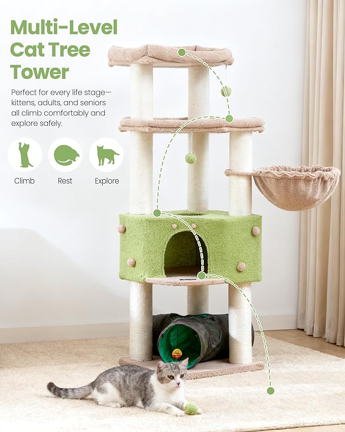 Cat Tree Tower for Indoor Cats Large Adult - Heavy Duty Extra Wide Scratching Post(φ4.4in) Maine Coon Condo House with Hammock Tunnel - 60 Inch XL Feline Bed Trees - Big Multi Level Cat Houses Stand