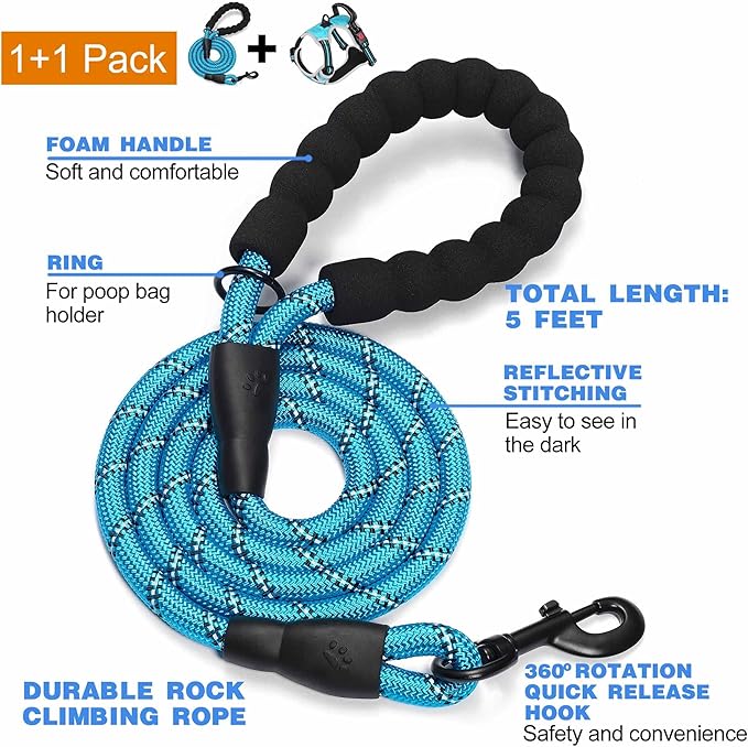 No Pull Harness with A Free Heavy Duty 5ft Leash for Medium Large Dog Adjustable Reflective Oxford Easy Control (L (Neck: 18"-25.5", Chest: 25.5"-31"), Blue/Grey Harness+Leash)