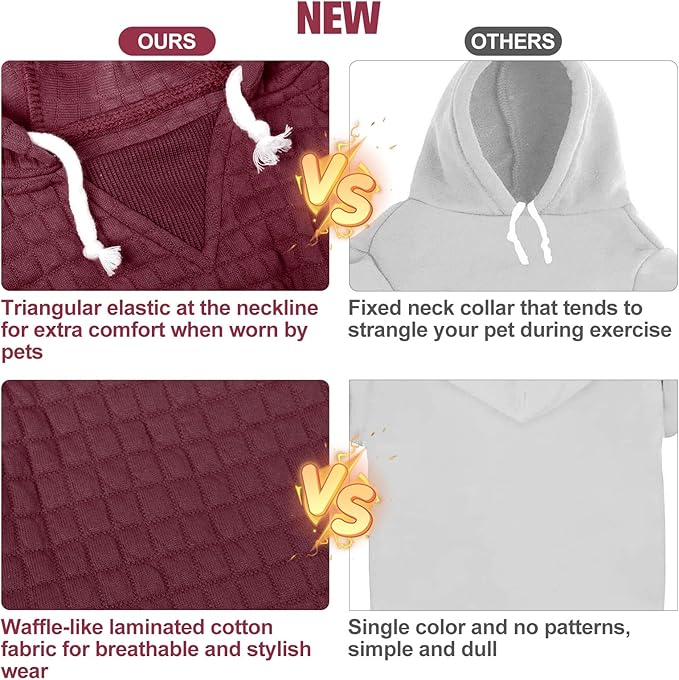 BEAUTYZOO Medium Dog Hoodie Sweater with Pockets, Dog Clothes for Small Medium Dogs Boy Girl, Waffle-Like Laminated Cotton Pet Coats with Hat and Leash Hole, Wine Red XL