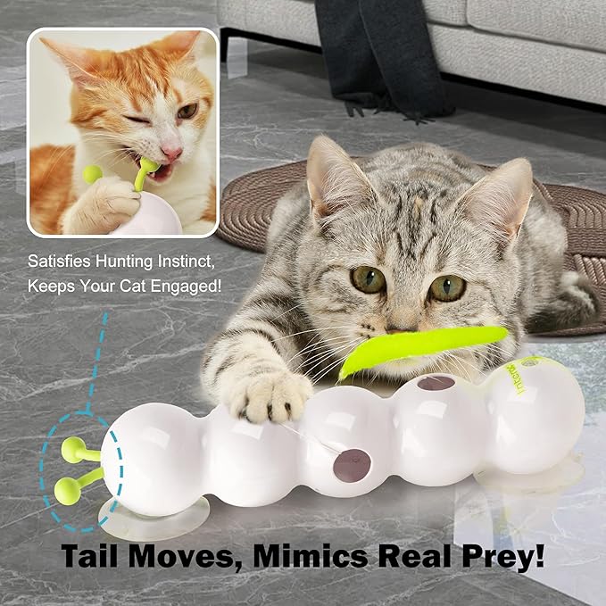 Interactive Cat Feather Toy, Automatic Fluffy Tail Teaser with Motion Sensor,Whack a mole Cat Toy, USB Rechargeable, Suction Cup for Stable Play, Perfect for Indoor Cats
