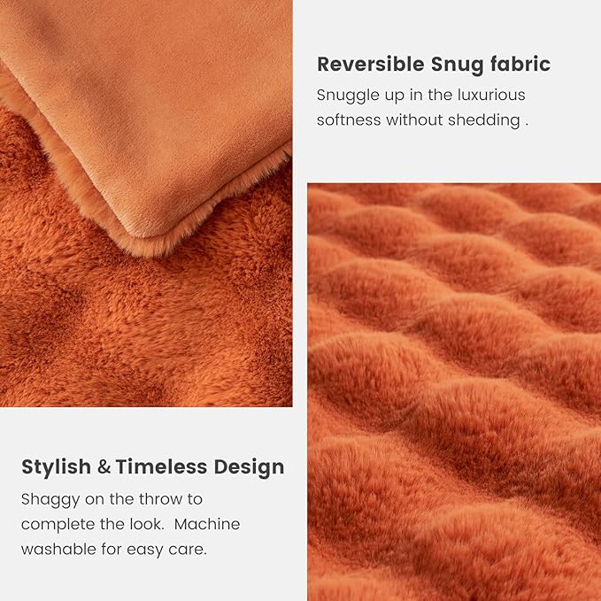 Cozy Bliss Faux Fur Throw Blanket for Couch, Fuzzy Soft Plush Thick Bubble Blanket for Sofa Bedroom Living Room, 50 * 60 Inches Halloween Burnt Orange