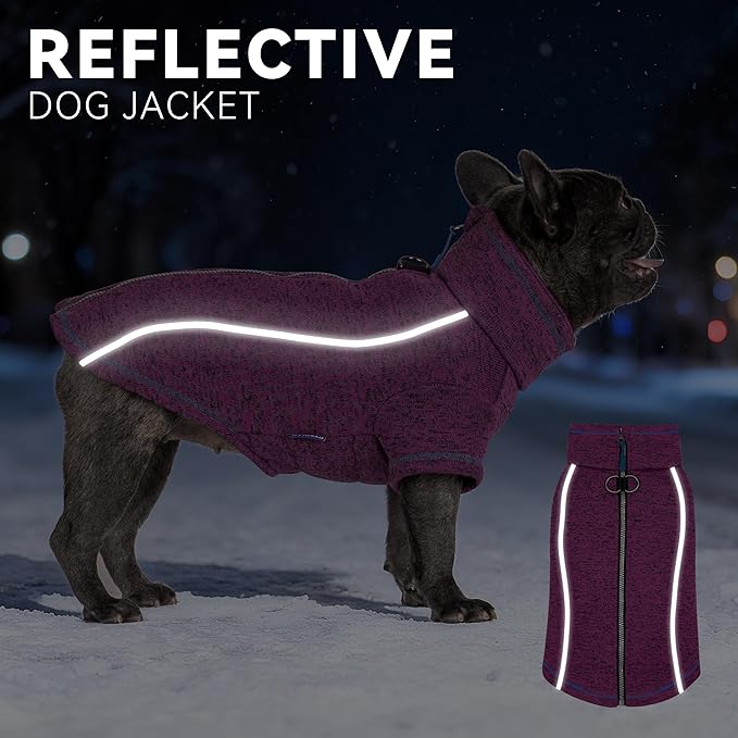 cyeollo Warm Dog Sweater with Zipper, Doggy Reflective Highneck Jackets with D Ring Step in Dog Winter Coats Fleece Female Stretchy Dogs Sweaters Pet Clothes for Medium Dogs, Purple XL