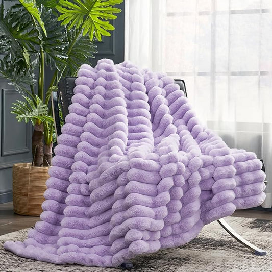 Cozy Bliss Faux Fur Throw Blanket for Couch, Cozy Warm Plush Striped Blanket for Sofa Bedroom Living Room, 50 * 60 Inches Lavender