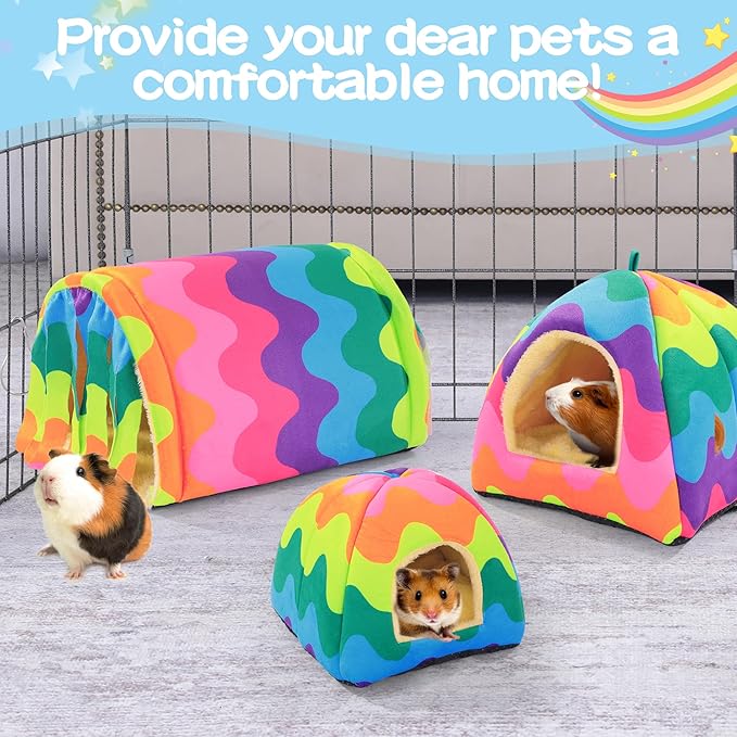 MABOZOO 3 Pack Guinea Pig House Accessories, Washable 2 Guinea Pig House and Hideout Tunnel with Curtains, Chinchilla Hideout for Hamster, Rabbit, Bunny, Chinchillas (Colorful)