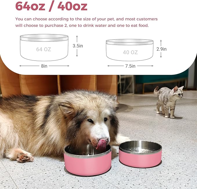Dog Bowl, Stainless Steel Dog Food and Water Bowl with Non Slip Quiet Bottom, Easy to Clean, Dishwasher Safe, 40oz, Pink