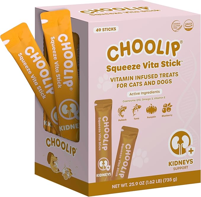 Choolip Squeeze Vita Stick Lickable Cat and Dog Treats – 49-Count Kidney Support Sticks with Multivitamins, Soft Squeezable Paste for All Life Stages, Supporting Kidney Health