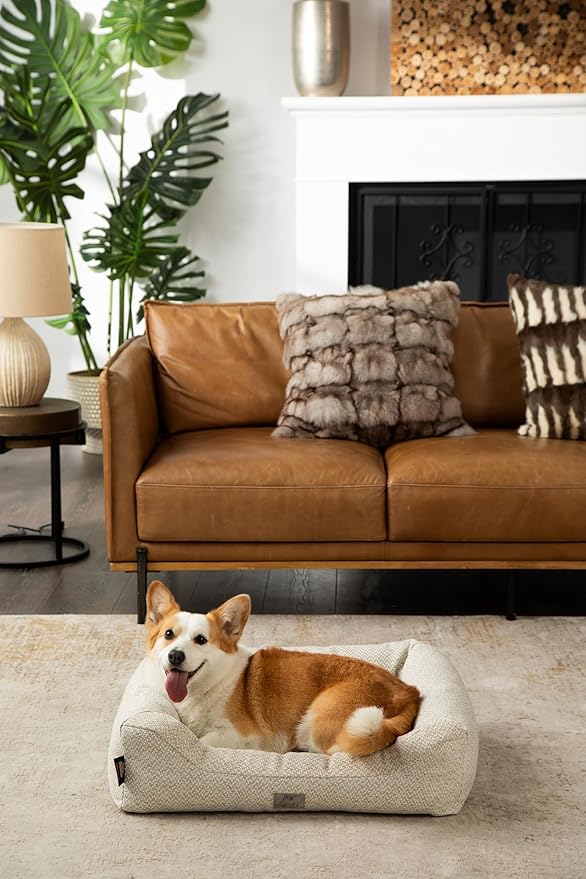 Furry's Paradise Cuddler Waterproof Bolster Pet Bed with Recycled Fibers and Non-Slip Bottom. (Beige Weave, Medium)