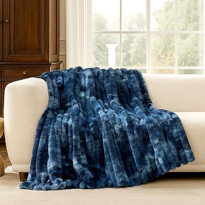 Cozy Bliss Faux Fur Throw Blanket for Couch, Cozy Warm Plush Striped Blanket for Sofa Bedroom Living Room, 60 * 80 Inches Tie-dye Blue