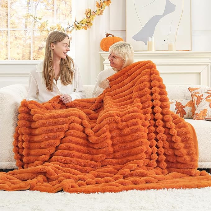 Cozy Bliss Faux Fur Throw Blanket for Couch, Cozy Warm Plush Striped Blanket for Sofa Bedroom Living Room, 50 * 60 Inches Burnt Orange