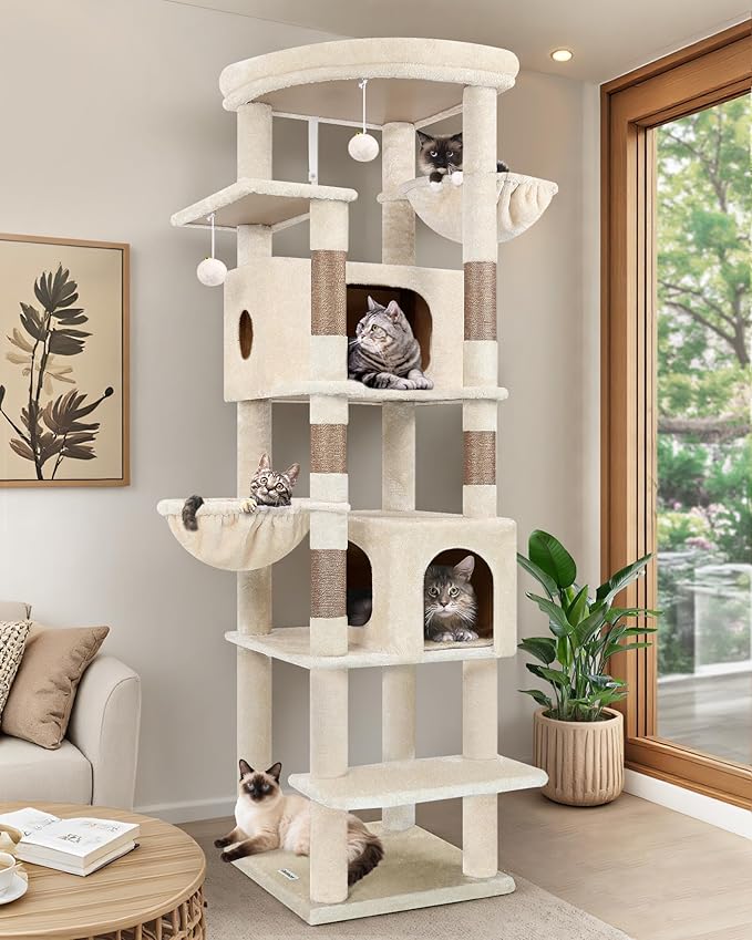 Globlazer Heavy Duty Cat Tree, 74in Sturdy Cat Tower for Large Cats Adult, Big Cat Tree with 5 Sisal Scratching Posts, 2 Padded Condos, 2 Dual-Ear Hanging Baskets, Enlarged Top Perch, S74, Beige