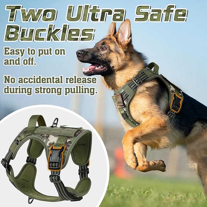 rabbitgoo Tactical Dog Harness for Large Dogs, No Pull Military Service Vest with Handle & Molle, Easy Control for Training Walking, Adjustable Reflective Straps, Green camo, L