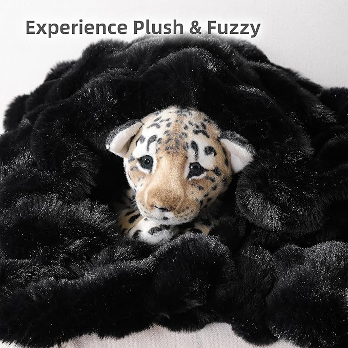 Smoofy Faux Fur Throw Blanket for Couch – Black Fluffy Cozy Rabbit Fleece, Plush Soft Bubble Blanket for Sofa & Bed, for Mom, Warm Fuzzy Home Room Decor Throw 60" x 80"