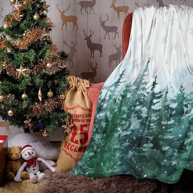 Christmas Throw Blanket Pine Tree Forest, Xmas Winter Snowflake Snowy Soft Blanket, Lightweight Warm Cozy Fleece Blanket for Couch Sofa Bed Holiday Decorations 40" x 50"