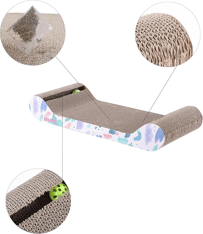CSR1003A-SET2 Rini 23.75" Modern Cardboard Lounge Bed Cat Scratcher with Built-in Bell Toys and Catnip, White/Multi (Set of 2)