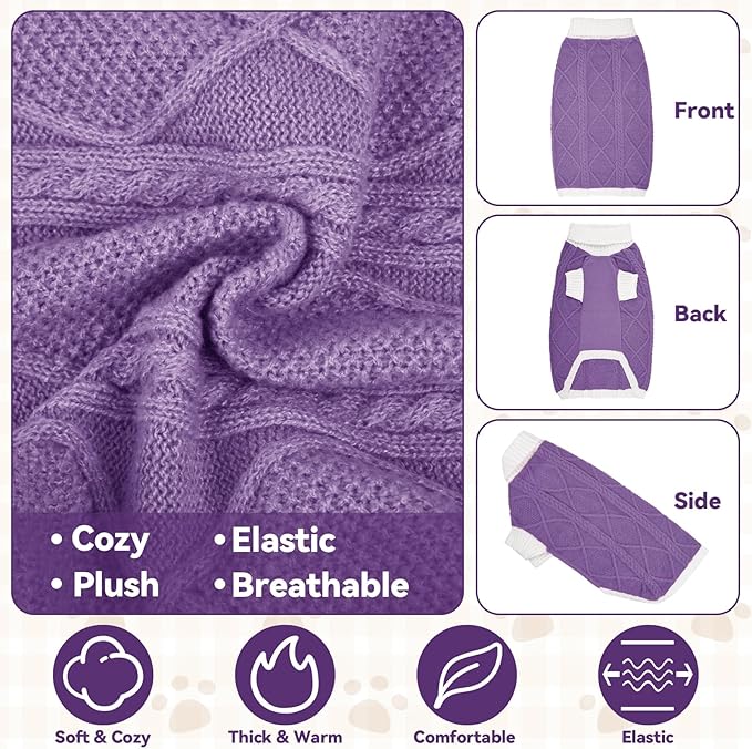 Dog Sweater for Large Dogs Argyle Cable Knit Turtleneck Pullover Winter Clothes Boys Girls Stretch Golden Retriever Labrador Bulldog Pitbull Doberman Pet (XXL, Purple)