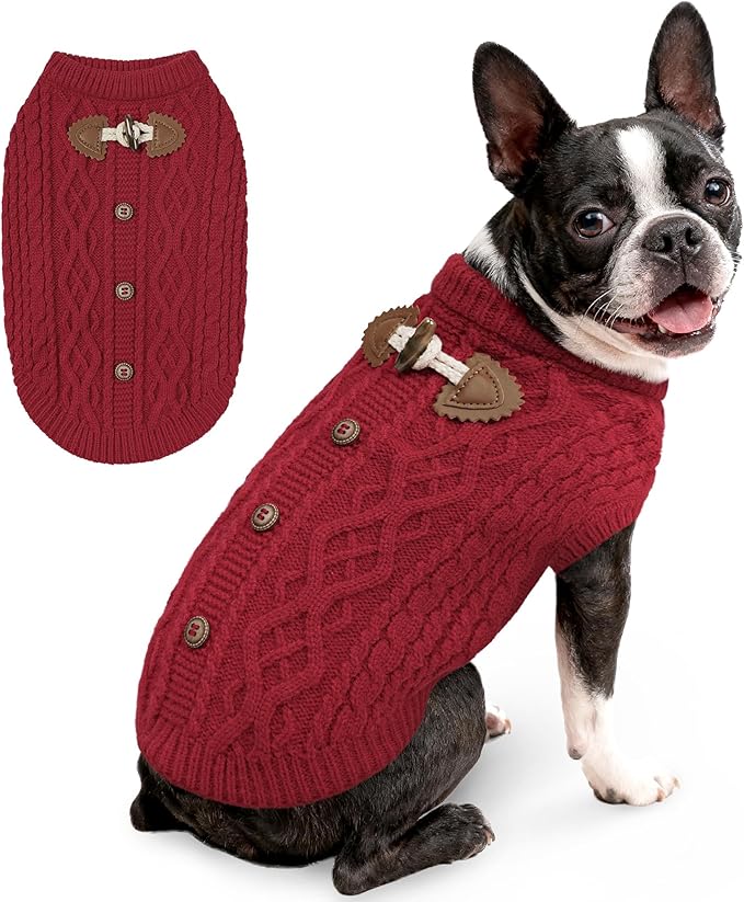 WOYYHO Cozy Pullover Dog Sweaters for Small Dogs, Cable Knit with Cow Horn Buttons, Warm Round Neck Winter Clothes for Puppy Chihuahua Yorkie, Red L