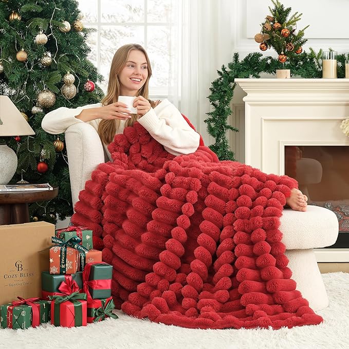 Cozy Bliss Faux Fur Throw Blanket for Couch, Cozy Warm Plush Striped Blanket for Sofa Bedroom Living Room, 50 * 60 Inches Cardinal Red