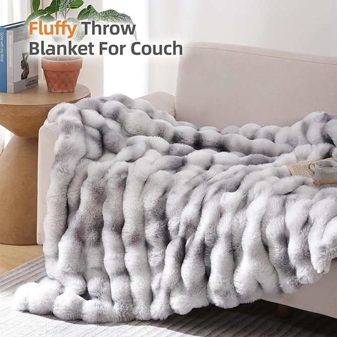Smoofy Faux Fur Throw Blanket for Couch Rabbit Fleece - Tie-dye Grey Fluffy Blanket for Sofa Bedroom Living Room, Cozy Soft Plush Luxury Thick Winter Fuzzy Comfy Bubble Blanket - 60" x 80"