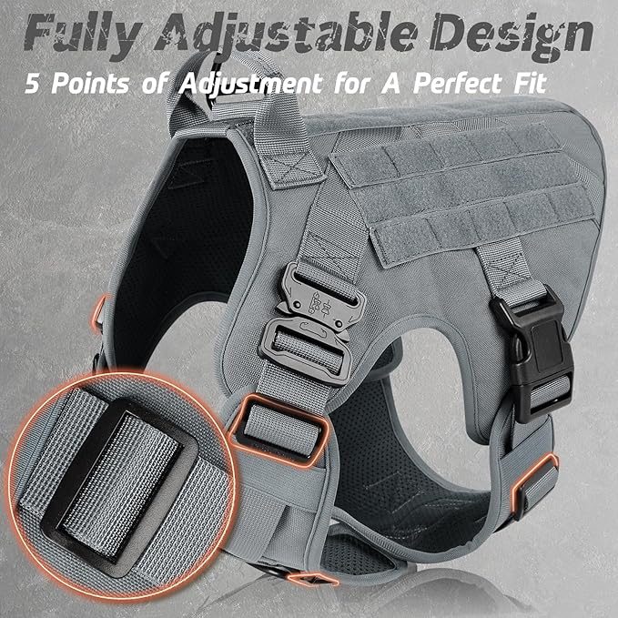 rabbitgoo Tactical Dog Harness for Large, Heavy Duty Pet Harness with Handle, No-Pull Service Vest Large Breed, Adjustable Military Dog Vest for Training Hunting Walking, Grey, L