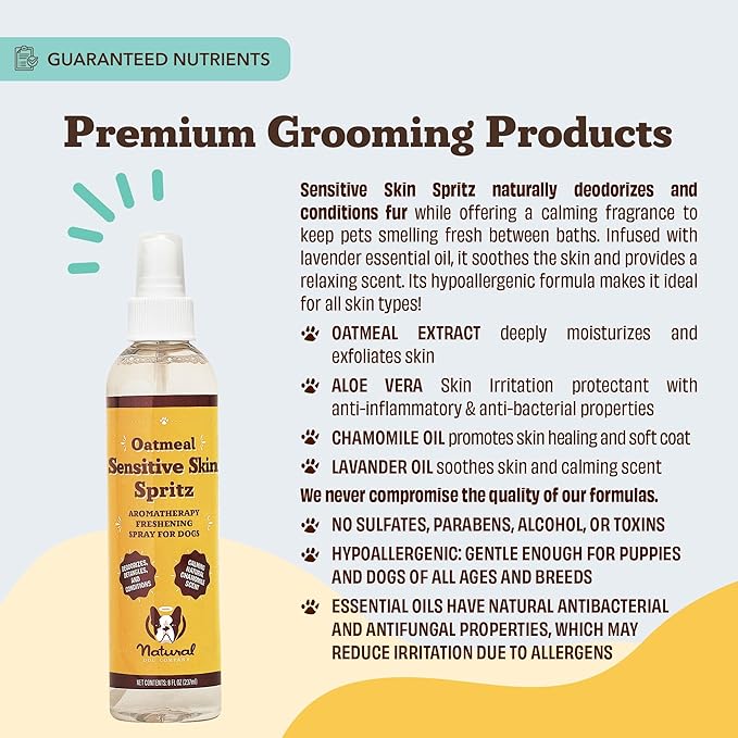Natural Dog Company Sensitive Skin Deodorizing Spray 8 oz – Hypoallergenic Neutral-Scent Dog Spritz with Aloe, Oatmeal & Lavender – Free of Sulfates, Parabens & Artificial Fragrance